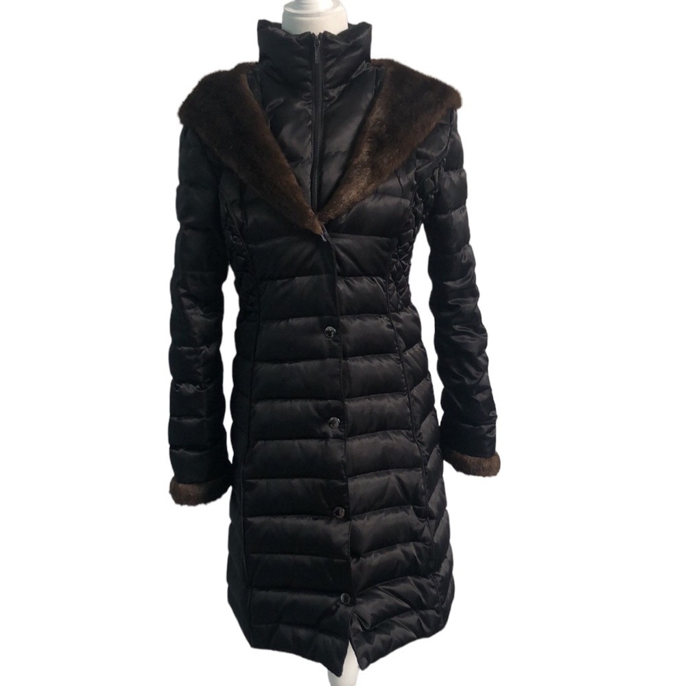 Laundry By Shelli Segal Black Puffer Coat with Brown Fur Trim